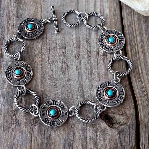 Western Shotgun Shell Turquoise Stone Linked Bracelet - Picture 1 of 3
